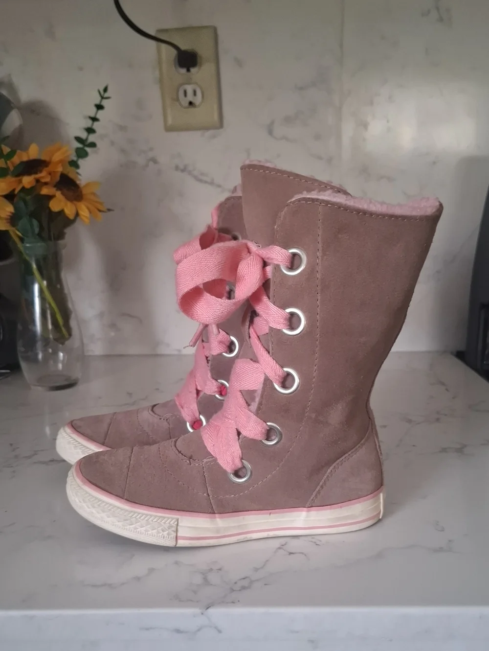 Converse Kids Pink Suede High-Top Boots with Wide Laces